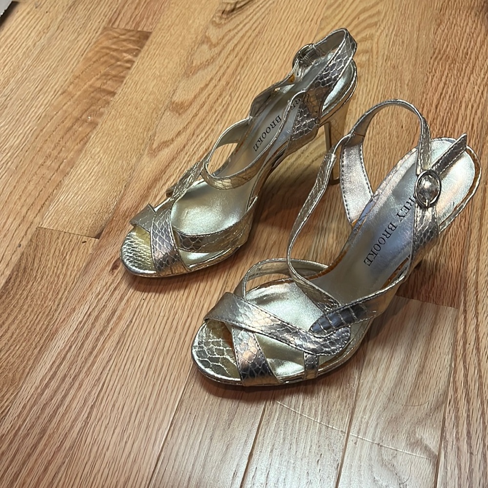 Audrey Brooke gold dressy high heel sandals